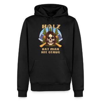 SCHÄDEL AXT HOLZ HAT MAN NIE GENUG - Männer Premium Bio Hoodie - Schwarz - Vorne - Nico (187cm)