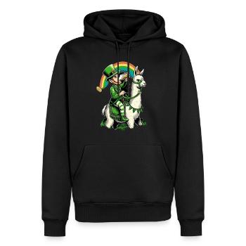 Lama chevauchant un lutin (lutin irlandais) - Sweat à capuche Premium bio Homme - noir - Devant - Nico (187cm)