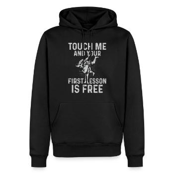 Touch me et ta première leçon est gratuite - Funny Jiu - Sweat à capuche Premium bio Homme - noir - Devant - Nico (187cm)