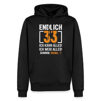 33 Anniversaire Je peux tout faire Je sais tout - Sweat à capuche Premium bio Homme - noir - Devant - Nico (187cm)