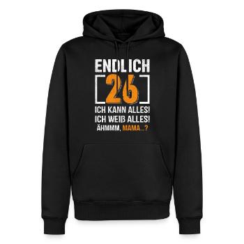 26 Anniversaire Je peux tout faire Je sais tout - Sweat à capuche Premium bio Homme - noir - Devant - Nico (187cm)