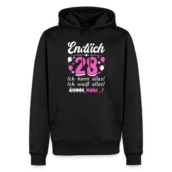 28 Anniversaire Je peux tout faire Je sais tout - Sweat à capuche Premium bio Homme - noir - Devant - Nico (187cm)