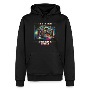 Fotograf Fotografie ISO High Dreams Higher - Männer Premium Bio Hoodie - Schwarz - Vorne - Nico (187cm)