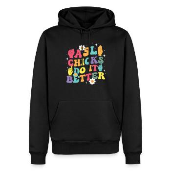 Professeur d’ASL Langue des signes américaine - Sweat à capuche Premium bio Homme - noir - Devant - Nico (187cm)