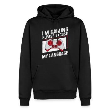 Je joue, veuillez excuser ma langue - Sweat à capuche Premium bio Homme - noir - Devant - Nico (187cm)