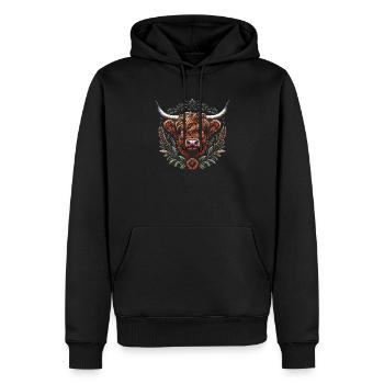 Schottische Hochlandkuh Blumenkranz - Männer Premium Bio Hoodie - Schwarz - Vorne - Nico (187cm)