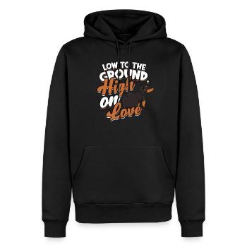Teckel Bas Au Ras du Sol Haut Sur L’Amour - Sweat à capuche Premium bio Homme - noir - Devant - Nico (187cm)