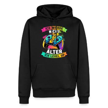 Je ne vieillis pas, je monte de niveau en jouant - Sweat à capuche Premium bio Homme - noir - Devant - Nico (187cm)