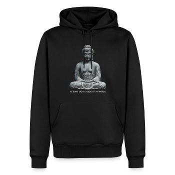 Buddha-Zitat Taten sagen mehr als Worte - Männer Premium Bio Hoodie - Schwarz - Vorne - Nico (187cm)