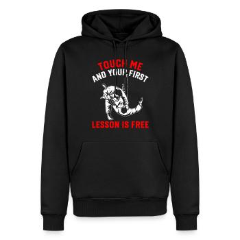 Touch me and your first lesson is free - Funny Jud - Men’s Premium Organic Hoodie - black - Front - Nico (187cm)