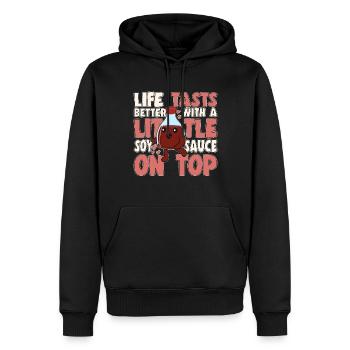 La vie des amateurs de cuisine japonaise se savoure mieux avec le sau de soja - Sweat à capuche Premium bio Homme - noir - Devant - Nico (187cm)