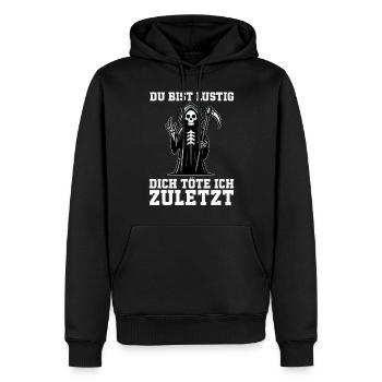 Tu es drôle, je t’aurai le dernier Faucheur - Sweat à capuche Premium bio Homme - noir - Devant - Nico (187cm)