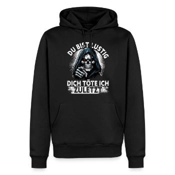 Tu es drôle, je t’aurai le dernier Faucheur - Sweat à capuche Premium bio Homme - noir - Devant - Nico (187cm)