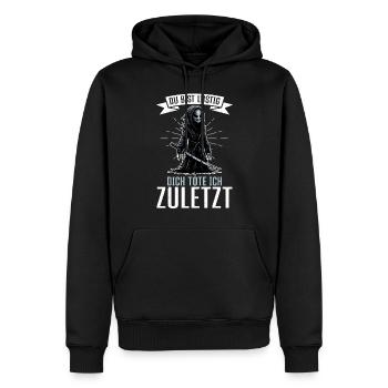 Tu es drôle, je t’aurai le dernier Faucheur - Sweat à capuche Premium bio Homme - noir - Devant - Nico (187cm)