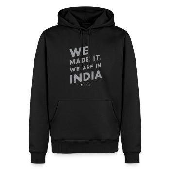 Columbus we made it. we are in india - Men’s Premium Organic Hoodie - black - Front - Nico (187cm)