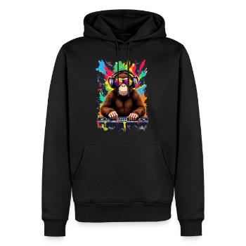 Monkey en tant que DJ, platine, disco, disc-jockey, EDM, soirée - Sweat à capuche Premium bio Homme - noir - Devant - Nico (187cm)
