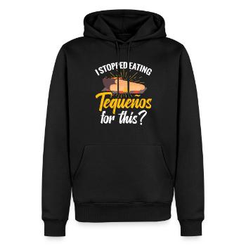 J’ai arrêté de manger des tequeños à cause de ça ? - Sweat à capuche Premium bio Homme - noir - Devant - Nico (187cm)