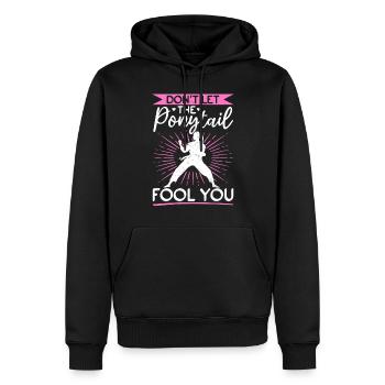 Ne laissez pas la queue de cheval vous tromper - Muay Thai drôle - Sweat à capuche Premium bio Homme - noir - Devant - Nico (187cm)