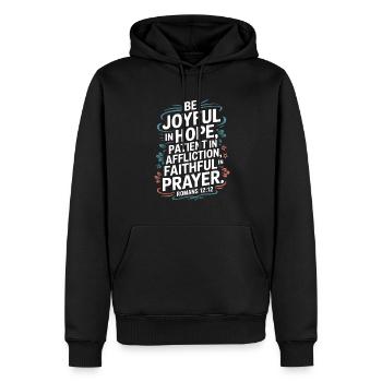 Seid freudig in der Hoffnung, geduldig in der Bedrängnis, treu - Männer Premium Bio Hoodie - Schwarz - Vorne - Nico (187cm)