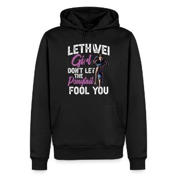 Lethwei Girl, Lass Dich Nicht Vom Pferdeschwanz - Männer Premium Bio Hoodie - Schwarz - Vorne - Nico (187cm)