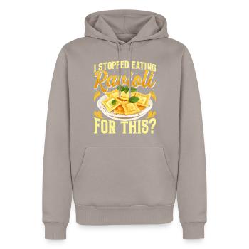Touche à mon motif de raviolis - Sweat à capuche Premium bio Homme - taupe - Devant - Nico (187cm)