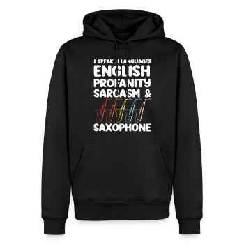 Saxophones Je parle 4 langues - Sweat à capuche Premium bio Homme - noir - Devant - Nico (187cm)