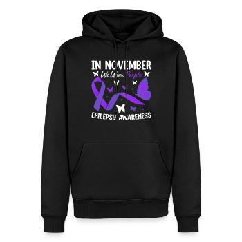 Im November tragen wir Purple Epilepsy Awareness - Männer Premium Bio Hoodie - Schwarz - Vorne - Nico (187cm)