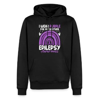 Ich trage Lila für meinen Bruder Boho Lila Band - Männer Premium Bio Hoodie - Schwarz - Vorne - Nico (187cm)