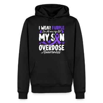 Je porte du violet en mémoire de mon fils Overdose Purple - Sweat à capuche Premium bio Homme - noir - Devant - Nico (187cm)