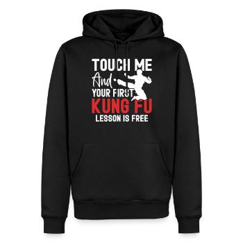 Touch Me And Your First Lesson Is Free Funny Kung - Men’s Premium Organic Hoodie - black - Front - Nico (187cm)
