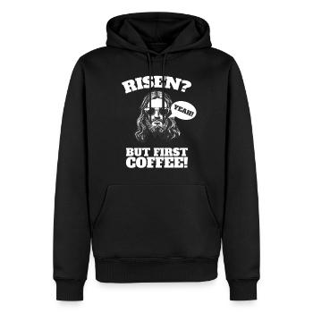 Risen yes But First Coffee Jesus Easter - Men’s Premium Organic Hoodie - black - Front - Nico (187cm)
