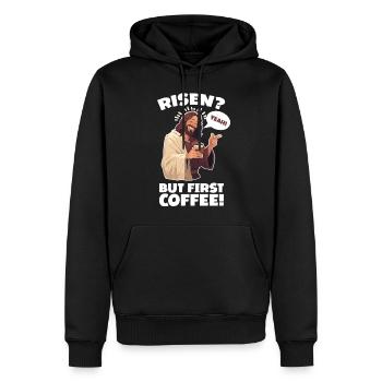 Risen Yeah But First Coffee Jesus Ostern - Männer Premium Bio Hoodie - Schwarz - Vorne - Nico (187cm)