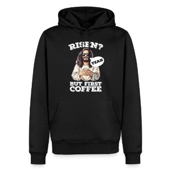 Risen Yeah But First Coffee Jesus Ostern - Männer Premium Bio Hoodie - Schwarz - Vorne - Nico (187cm)