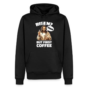Risen Yeah But First Coffee Jesus Ostern - Männer Premium Bio Hoodie - Schwarz - Vorne - Nico (187cm)