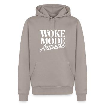 Woke - Men’s Premium Organic Hoodie - taupe - Front - Nico (187cm)
