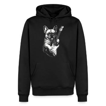 Bouledogue français amoureux des chiens jouant de la guitare électrique - Sweat à capuche Premium bio Homme - noir - Devant - Nico (187cm)