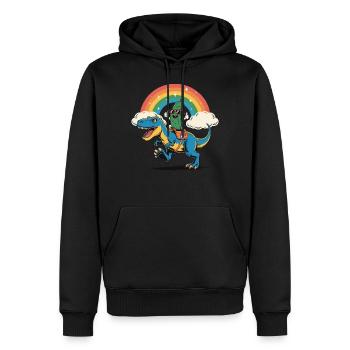 Gurke Gurke reitet einen Dinosaurier Regenbogen Karikatur - Männer Premium Bio Hoodie - Schwarz - Vorne - Nico (187cm)