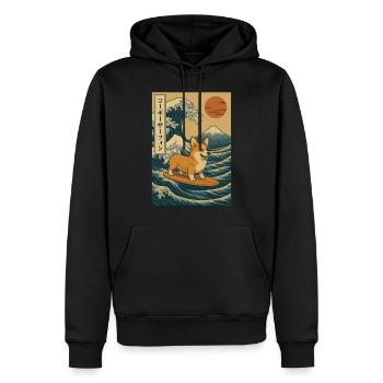 Corgi chien surf vague mont Fuji art japonais - Sweat à capuche Premium bio Homme - noir - Devant - Nico (187cm)