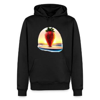 Surfende Erdbeere im Sonnenuntergang - Männer Premium Bio Hoodie - Schwarz - Vorne - Nico (187cm)