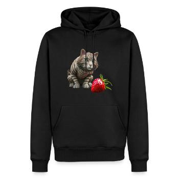 Katze vor riesiger Erdbeere - Männer Premium Bio Hoodie - Schwarz - Vorne - Nico (187cm)