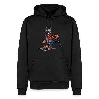 Doberman à skis - vacances d’hiver en style bande dessinée - Sweat à capuche Premium bio Homme - noir - Devant - Nico (187cm)
