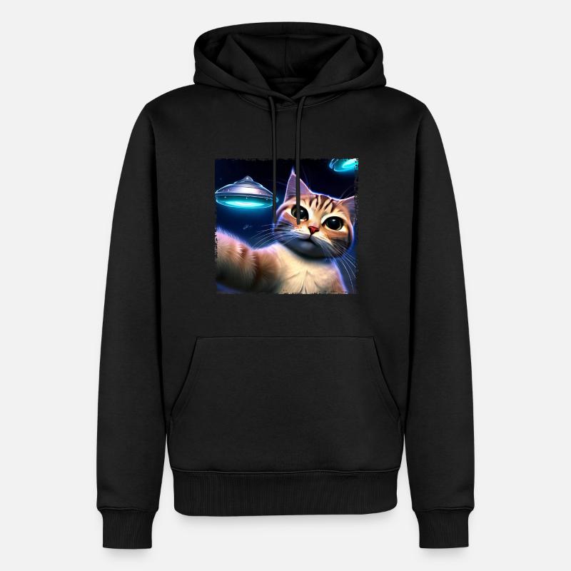 Katzen-Selfie mit UFO - Männer Premium Bio Hoodie - Schwarz