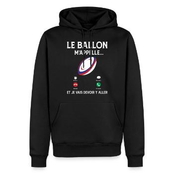 Le ballon m'appelle rugby sport passion téléphone - Sweat à capuche Premium bio Homme - noir - Devant - Nico (187cm)