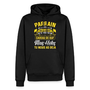 parrain cadeau de ouf mais tu nous as déjà drôle - Sweat à capuche Premium bio Homme - noir - Devant - Nico (187cm)