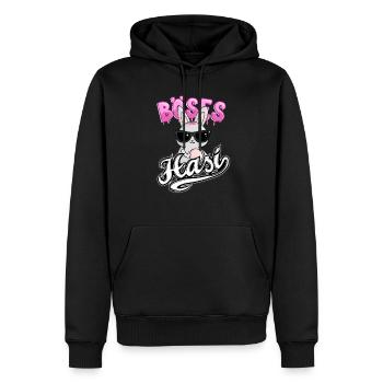 Das Böse Hasi mit cooler Sonnenbrille zeigt den - Männer Premium Bio Hoodie - Schwarz - Vorne - Nico (187cm)