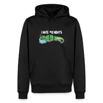 T-Rex Dino schläft auf einem Kiss - Er hasst - Männer Premium Bio Hoodie - Schwarz - Vorne - Nico (187cm)