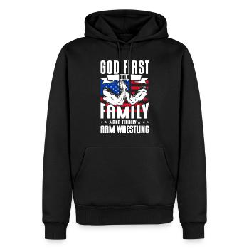 Dieu d’abord, puis le bras de fer familial - Sweat à capuche Premium bio Homme - noir - Devant - Nico (187cm)