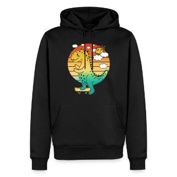 Cartoon Saurier mit erstem Zahn auf Skateboard. - Männer Premium Bio Hoodie - Schwarz - Vorne - Nico (187cm)