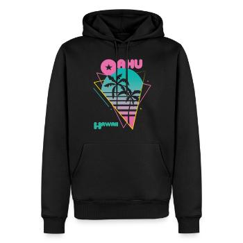 Rétro Oahu Hawaï Palmiers Surf dans l’océan - Sweat à capuche Premium bio Homme - noir - Devant - Nico (187cm)