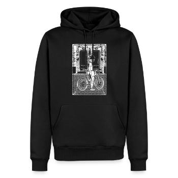 Mit trendigem Shirt auf Stadterkundung per Fahrrad - Männer Premium Bio Hoodie - Schwarz - Vorne - Nico (187cm)
